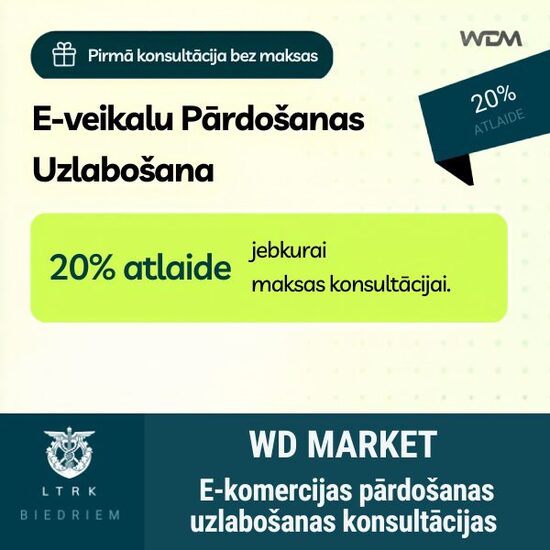 Pirmā konsultācija par brīvu un 20% atlaide jebkurai nākamajai e-komercijas pārdošanas uzlabošanas konsultācijai